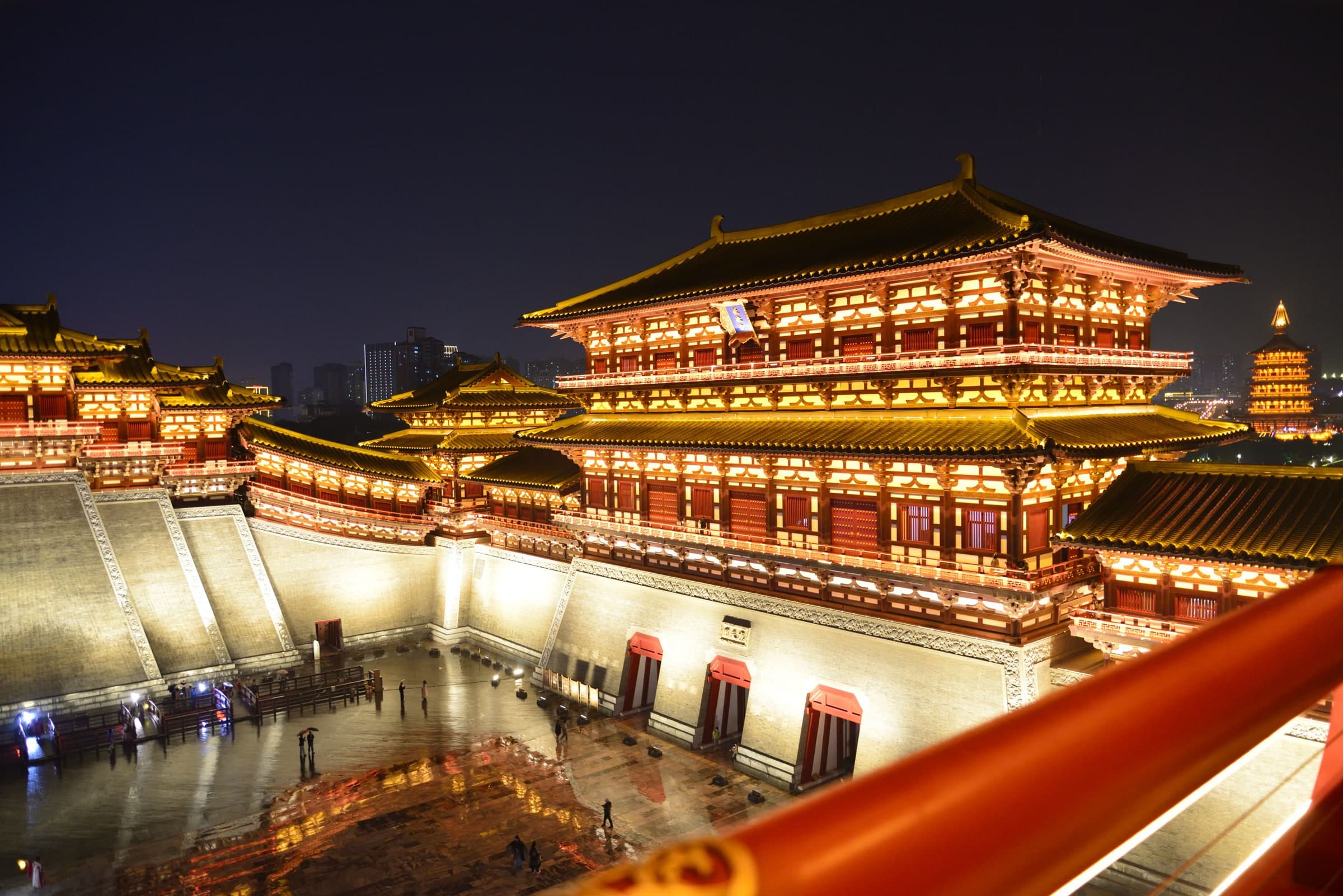 Traditional Chinese architecture illuminated at night